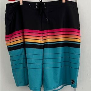 O'Neill Black and Teal Board Shorts with Pink and Orange Stripes